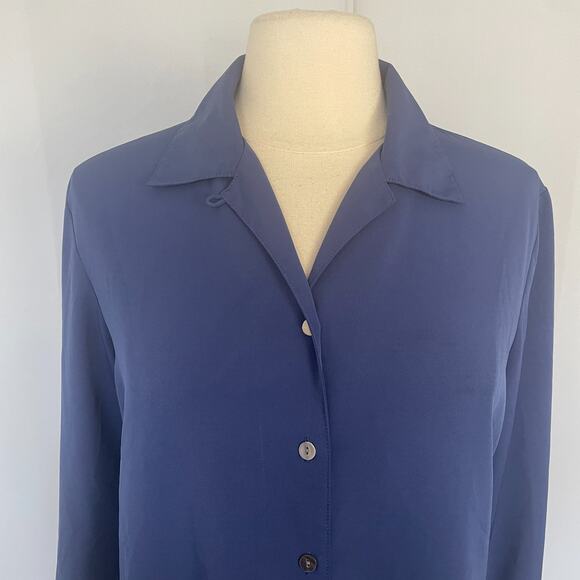 Vintage Blouse Top Size Small Blue Solid Long Sleeve Button Minimalist Office - Picture 2 of 13